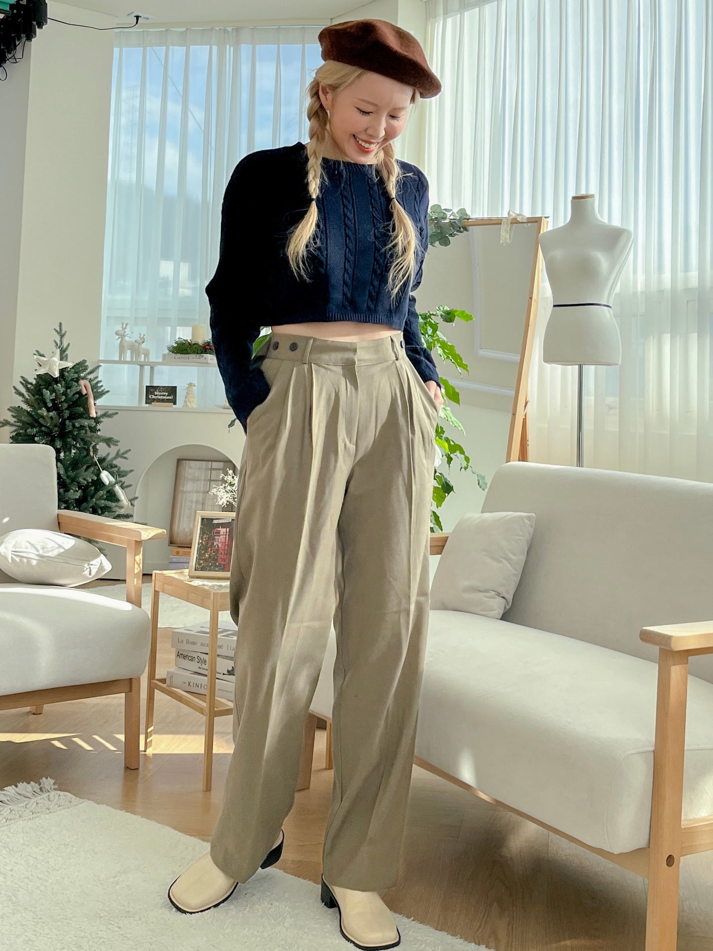 自調腰圍!! 小腹失蹤垂感雙釦落地寬西褲