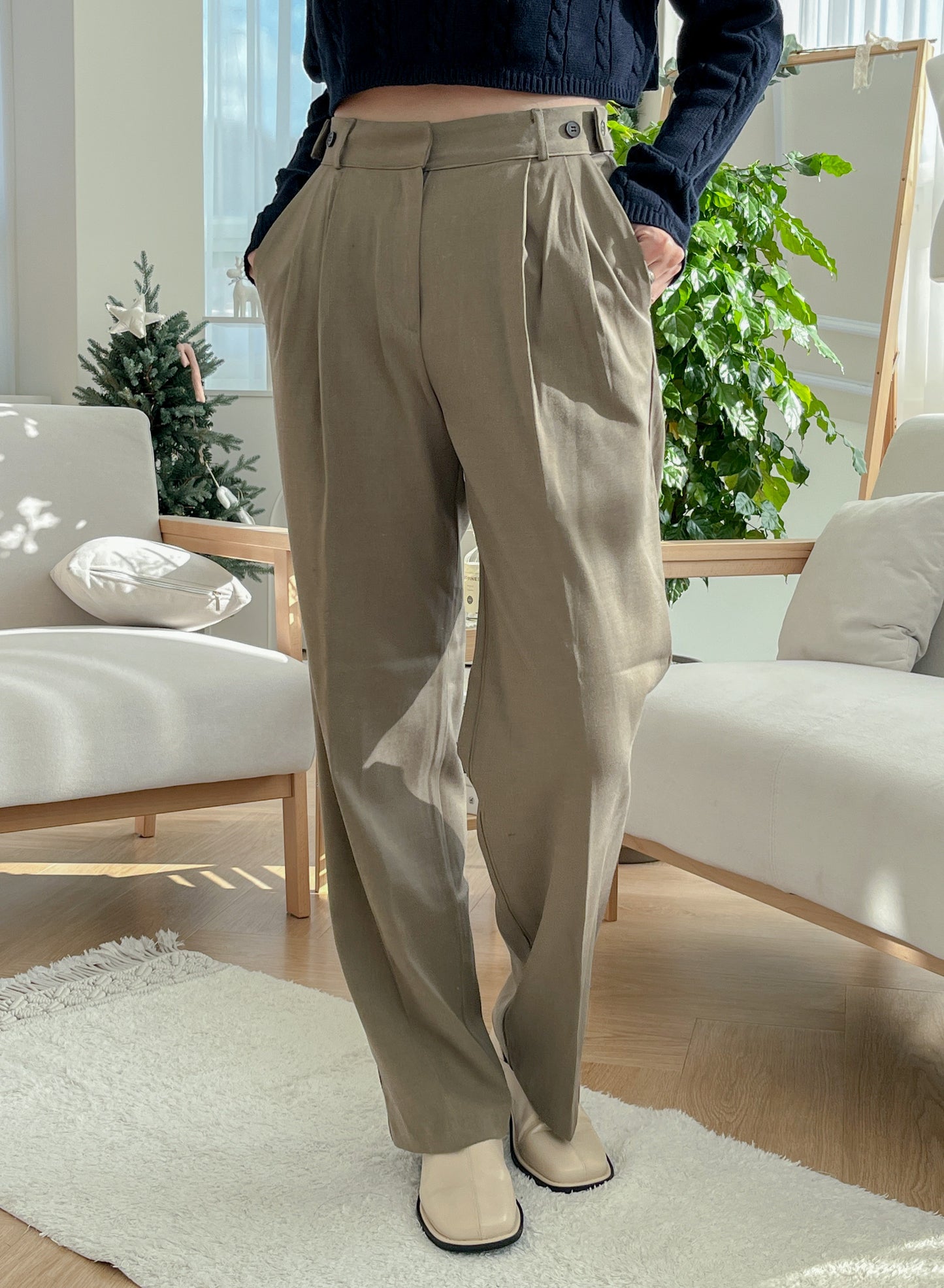 自調腰圍!! 小腹失蹤垂感雙釦落地寬西褲