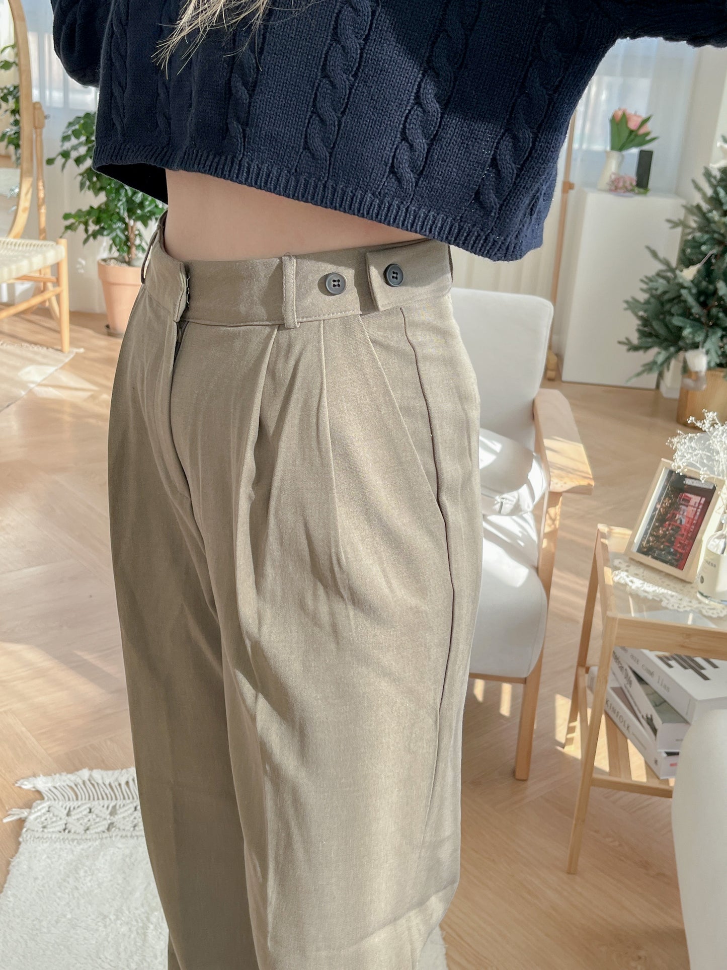 自調腰圍!! 小腹失蹤垂感雙釦落地寬西褲