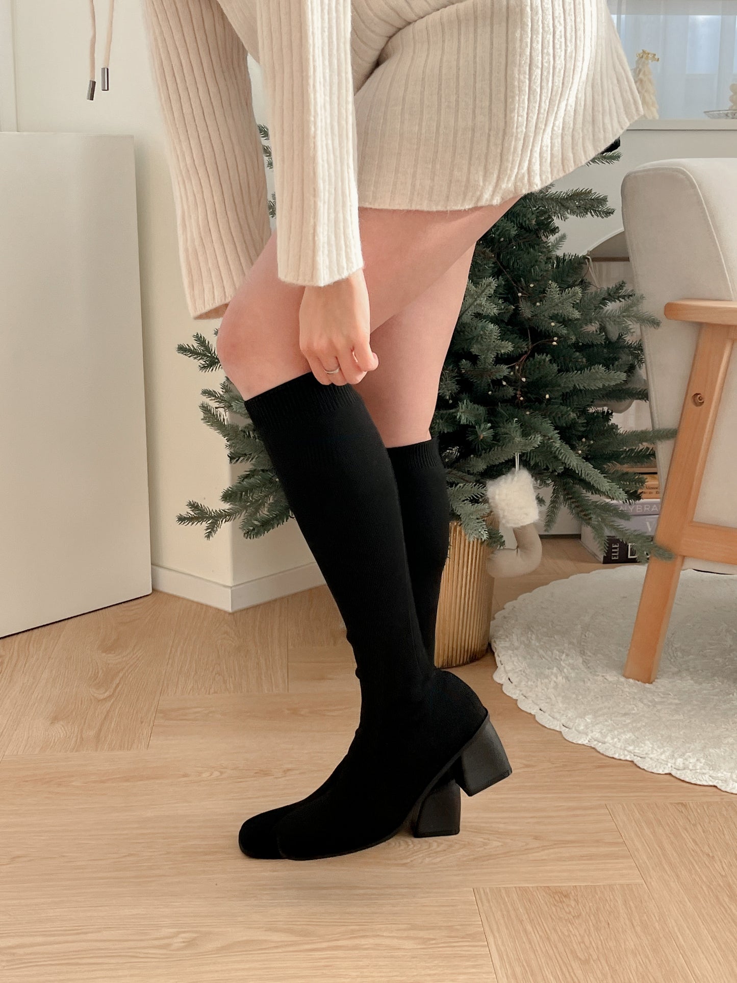 所有腿圍OK!! 彈力方頭顯瘦長筒粗跟襪靴