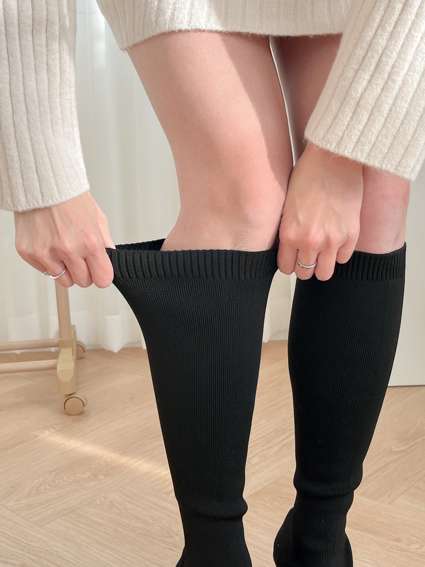 所有腿圍OK!! 彈力方頭顯瘦長筒粗跟襪靴